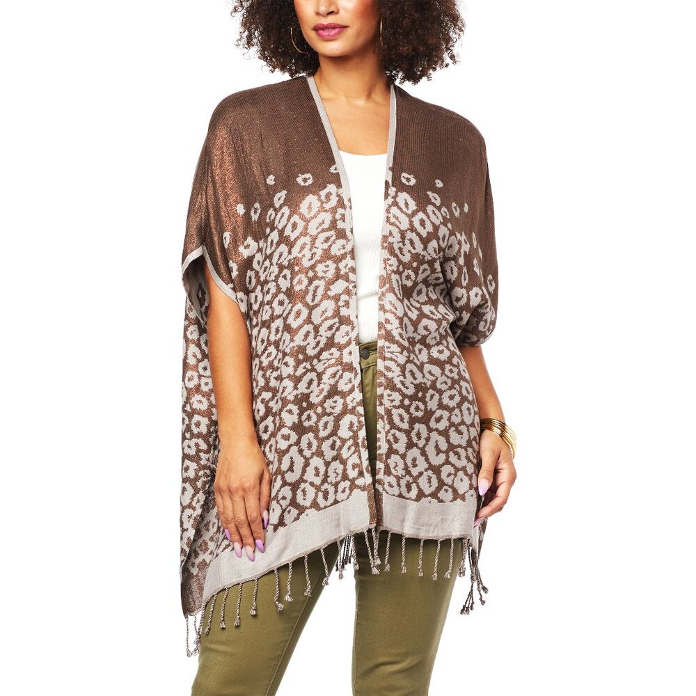 Leopard Print Reversible Ruana, Kimono, Coverup, with Fringe Hem